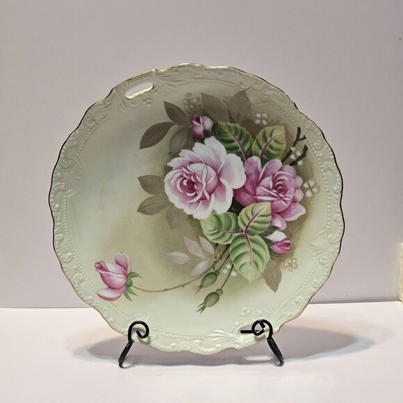 Vintage Lefton Green Heritage Hand Painted Handled Plate #05858 From 1987 Japan - Picture 3 of 7